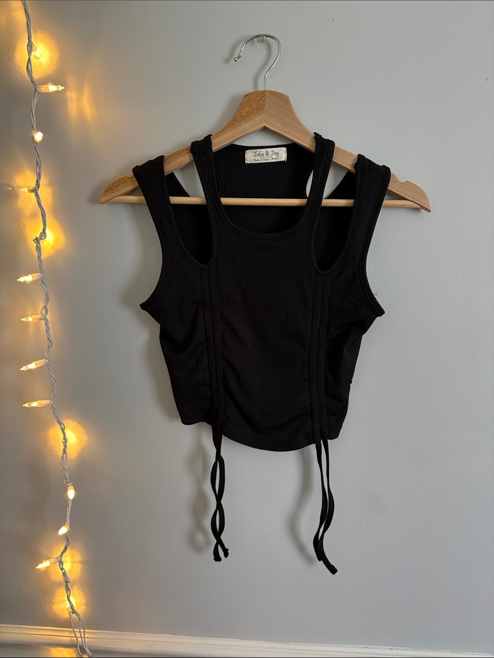 Black Ribbed Drawstring Tank Top